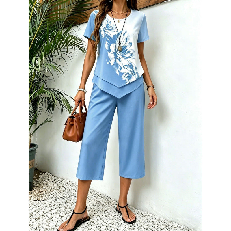 Fashionable Printed Irregular Top And Cropped Pants Two-Piece Set