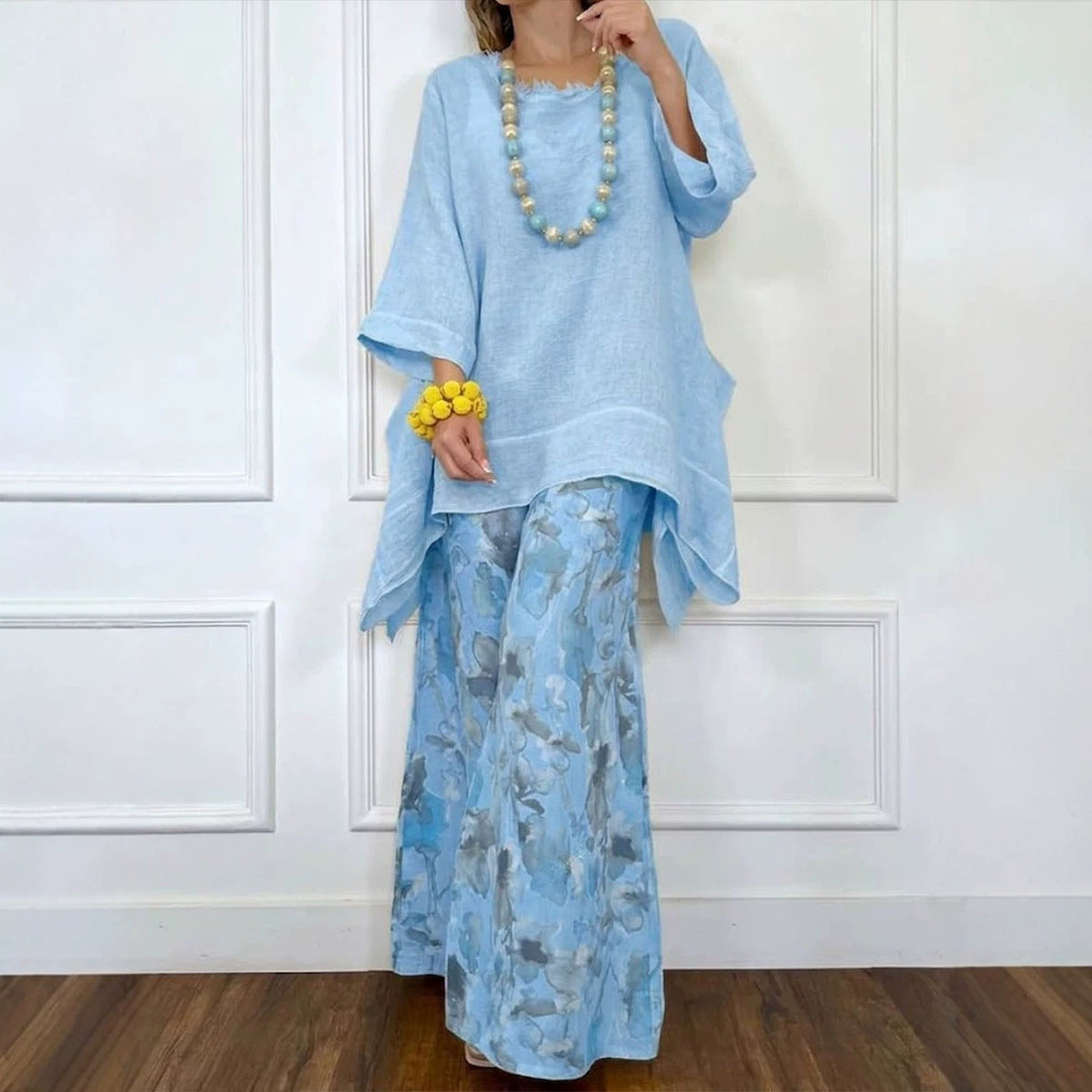 Womens Casual Cotton-Linen Irregular Top And Wide-Leg Pants Set