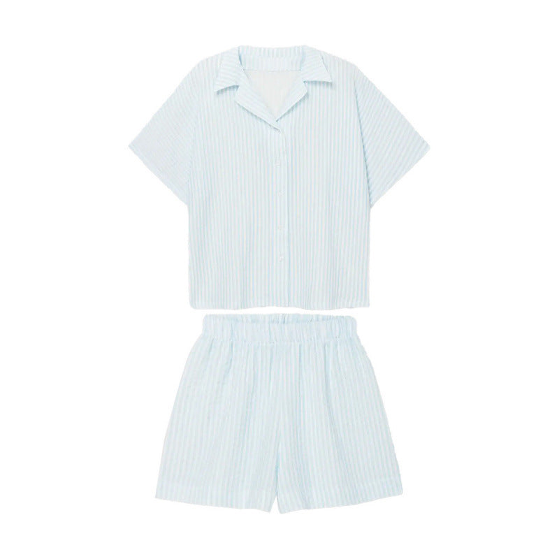 Vertical-striped Short Cardigan Pajama Set For Women