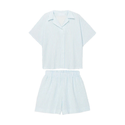 Vertical-striped Short Cardigan Pajama Set For Women