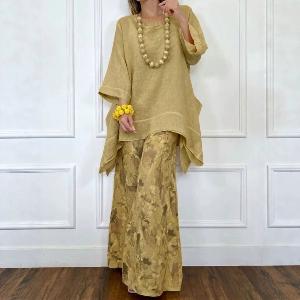 Womens Casual Cotton-Linen Irregular Top And Wide-Leg Pants Set