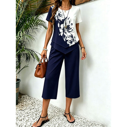Fashionable Printed Irregular Top And Cropped Pants Two-Piece Set