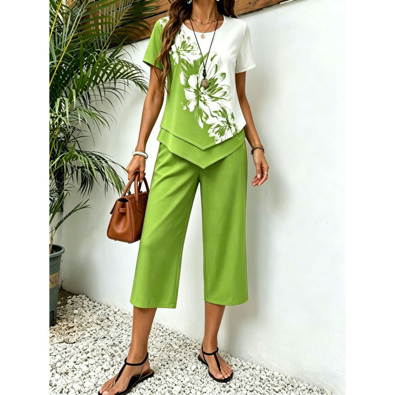 Fashionable Printed Irregular Top And Cropped Pants Two-Piece Set
