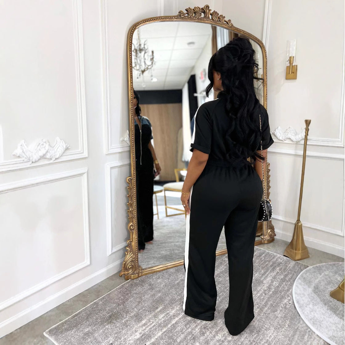 Stand-up Collar Short-sleeve Full-zip One-piece Pants