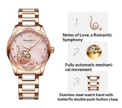 Deyi Bird Wine-Red Note Hollowed-Out Fully Automatic Mechanical Women's Watch