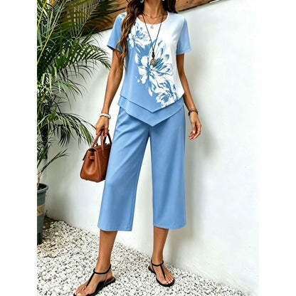 Fashionable Printed Irregular Top And Cropped Pants Two-Piece Set