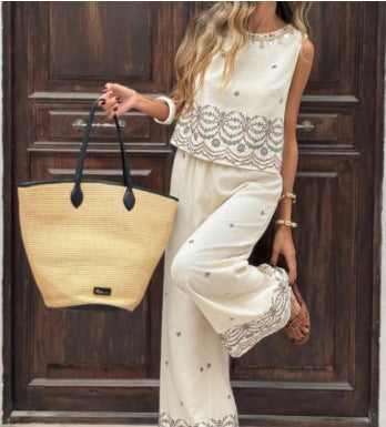 New European And American-style Sleeveless Contrast-color Wide-leg Pants Set