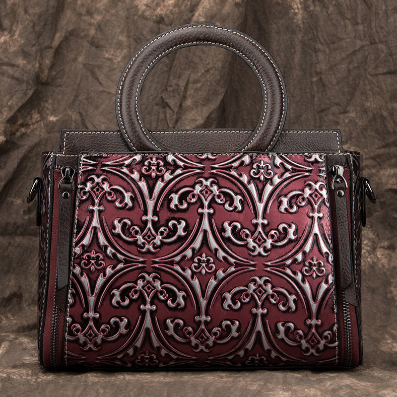Retro First-Layer Cowhide Embossed Handbag Shoulder Crossbody Bag