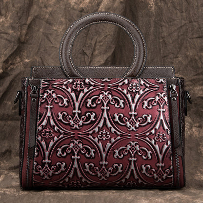 Retro First-Layer Cowhide Embossed Handbag Shoulder Crossbody Bag