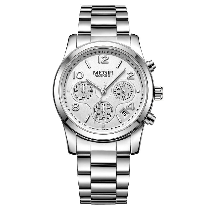 Lady's Multifunctional Chronograph Calendar Steel Band Quartz Watch