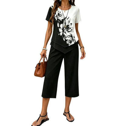 Fashionable Printed Irregular Top And Cropped Pants Two-Piece Set