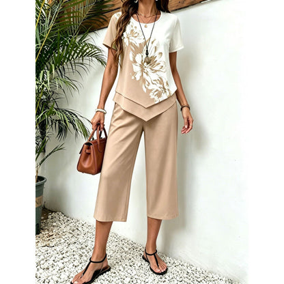 Fashionable Printed Irregular Top And Cropped Pants Two-Piece Set
