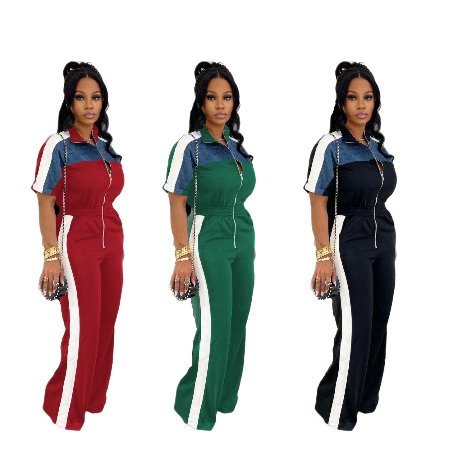 Stand-up Collar Short-sleeve Full-zip One-piece Pants