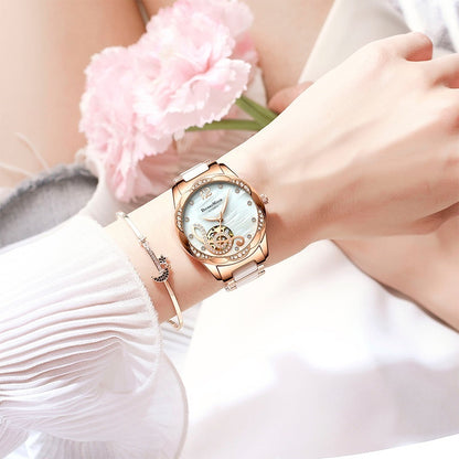 Deyi Bird Wine-Red Note Hollowed-Out Fully Automatic Mechanical Women's Watch