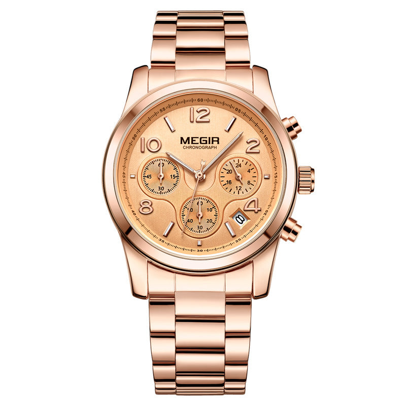 Lady's Multifunctional Chronograph Calendar Steel Band Quartz Watch