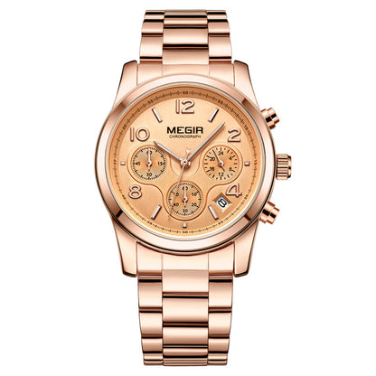 Lady's Multifunctional Chronograph Calendar Steel Band Quartz Watch
