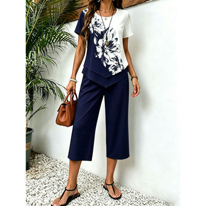 Fashionable Printed Irregular Top And Cropped Pants Two-Piece Set