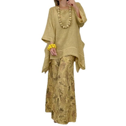 Womens Casual Cotton-Linen Irregular Top And Wide-Leg Pants Set