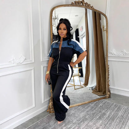 Stand-up Collar Short-sleeve Full-zip One-piece Pants