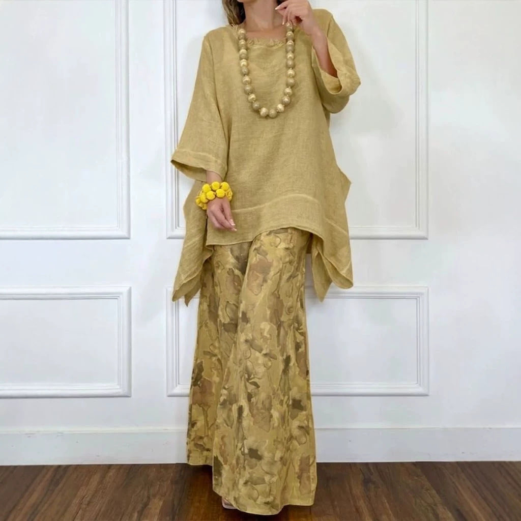 Womens Casual Cotton-Linen Irregular Top And Wide-Leg Pants Set