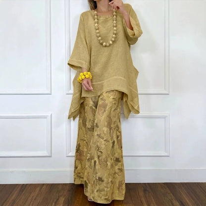 Womens Casual Cotton-Linen Irregular Top And Wide-Leg Pants Set