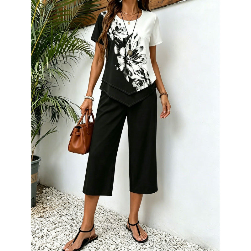 Fashionable Printed Irregular Top And Cropped Pants Two-Piece Set