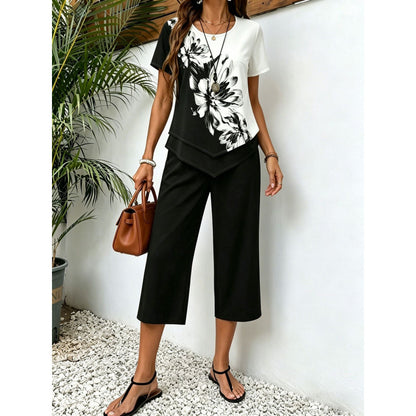 Fashionable Printed Irregular Top And Cropped Pants Two-Piece Set