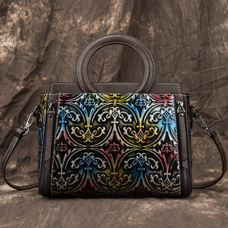 Retro First-Layer Cowhide Embossed Handbag Shoulder Crossbody Bag
