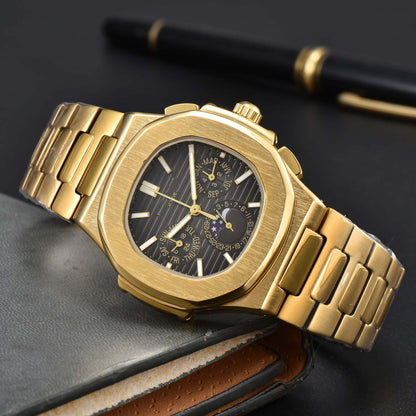 Fashionable Six-Prong Steel-Strap Business-Style Nautilus Mens Watch