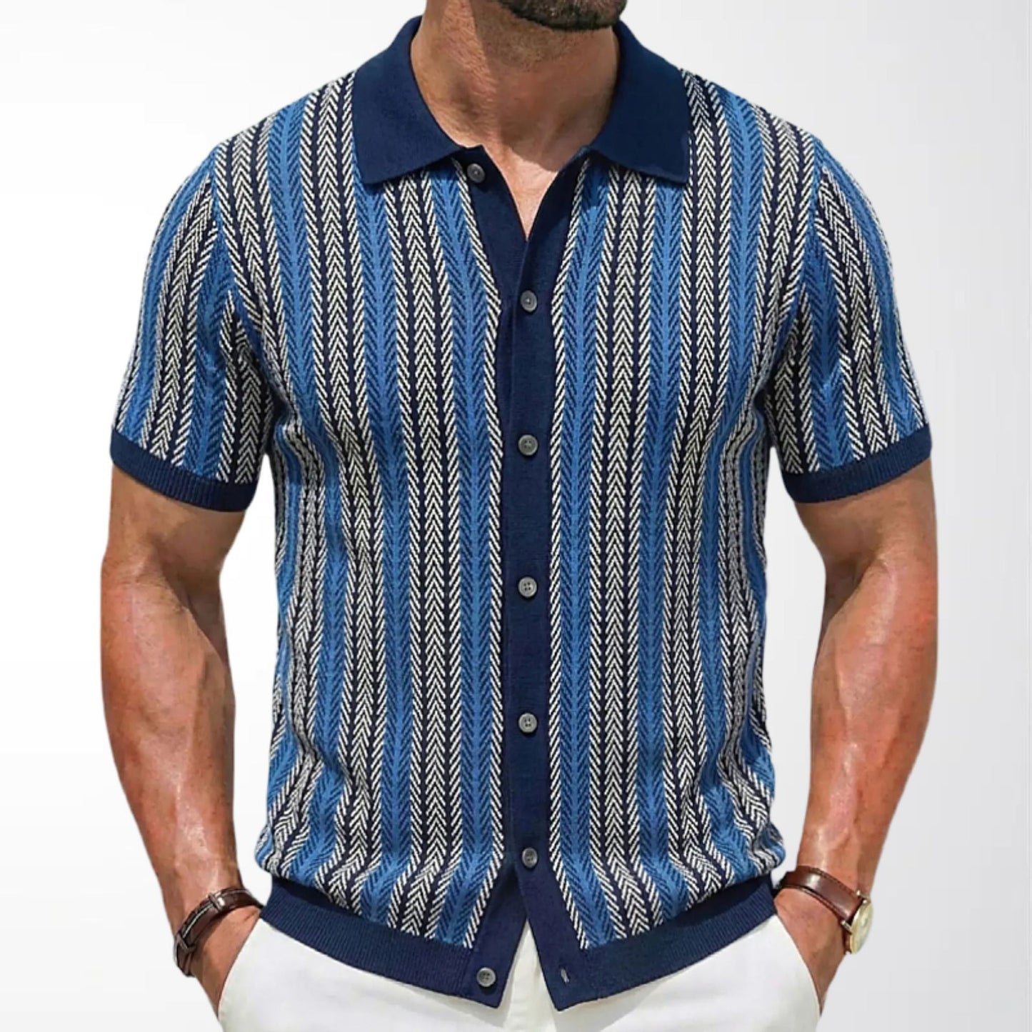 Men's Striped Jacquard Short-Sleeve Knit Shirt
