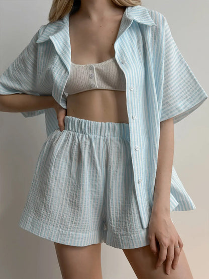 Vertical-striped Short Cardigan Pajama Set For Women