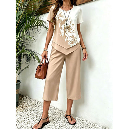 Fashionable Printed Irregular Top And Cropped Pants Two-Piece Set