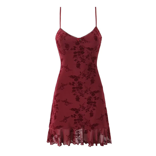 Retro Floral Mesh Slip Dress Women