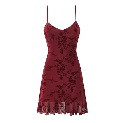 Retro Floral Mesh Slip Dress Women