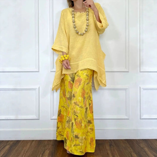 Womens Casual Cotton-Linen Irregular Top And Wide-Leg Pants Set