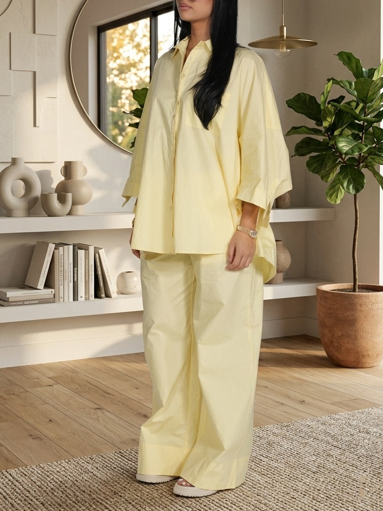 Pastel Yellow Oversized Shirt & Wide-Leg Pants Set