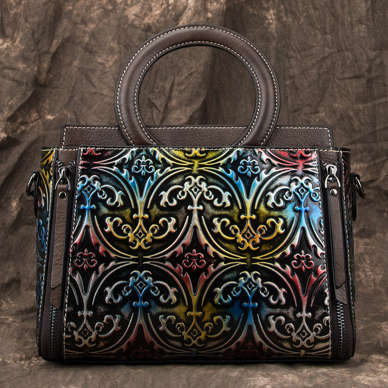 Retro First-Layer Cowhide Embossed Handbag Shoulder Crossbody Bag