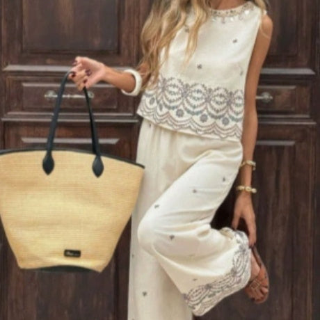 New European And American-style Sleeveless Contrast-color Wide-leg Pants Set