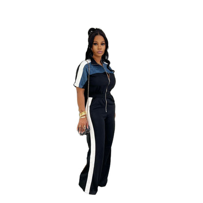 Stand-up Collar Short-sleeve Full-zip One-piece Pants