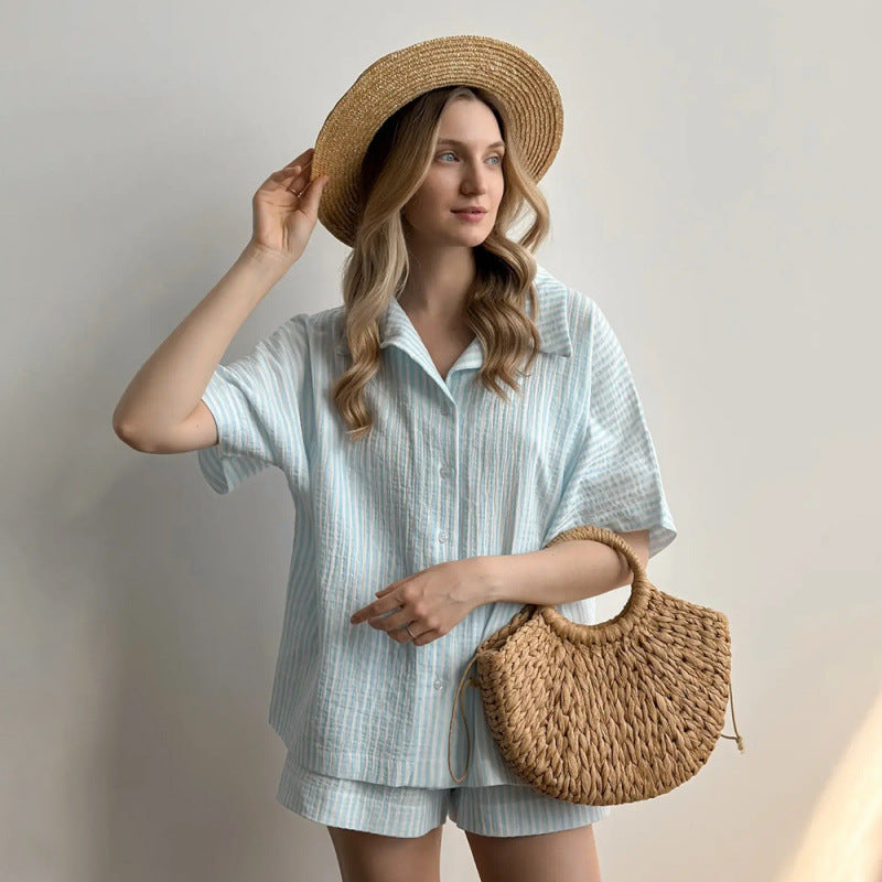 Vertical-striped Short Cardigan Pajama Set For Women