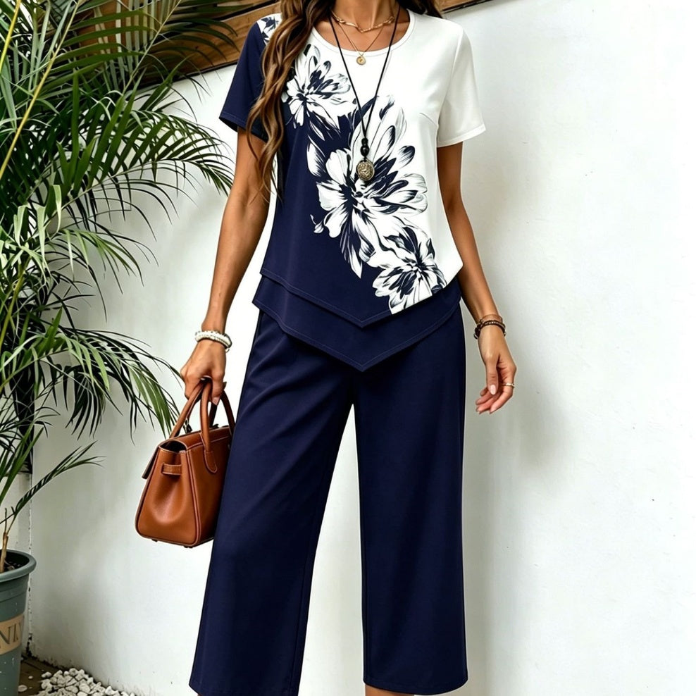 Fashionable Printed Irregular Top And Cropped Pants Two-Piece Set