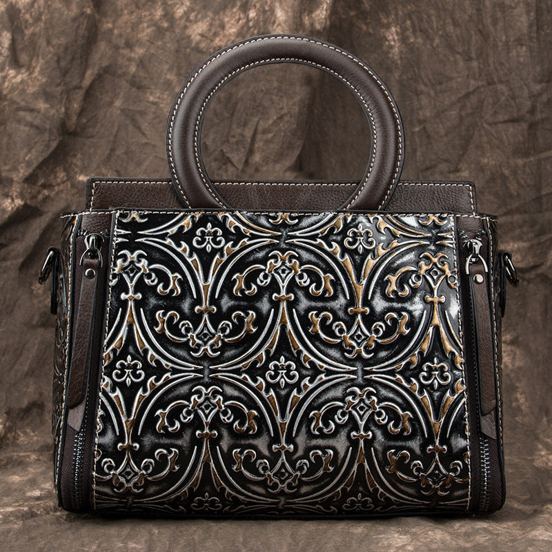 Retro First-Layer Cowhide Embossed Handbag Shoulder Crossbody Bag