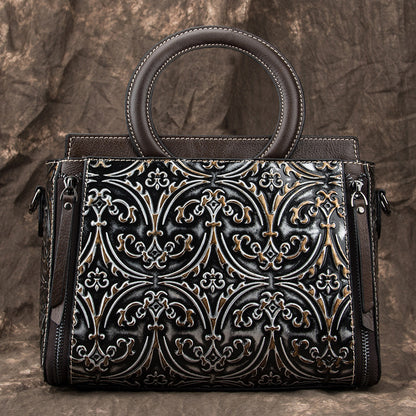 Retro First-Layer Cowhide Embossed Handbag Shoulder Crossbody Bag