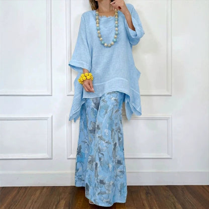 Womens Casual Cotton-Linen Irregular Top And Wide-Leg Pants Set