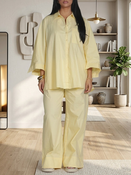 Pastel Yellow Oversized Shirt & Wide-Leg Pants Set
