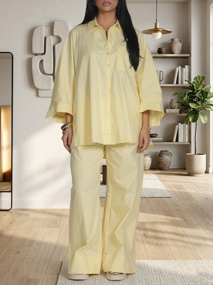 Pastel Yellow Oversized Shirt & Wide-Leg Pants Set